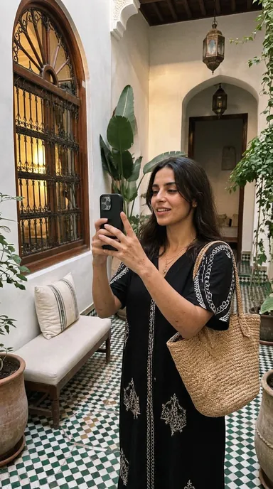 Darija creator filming a riad tour in Casablanca